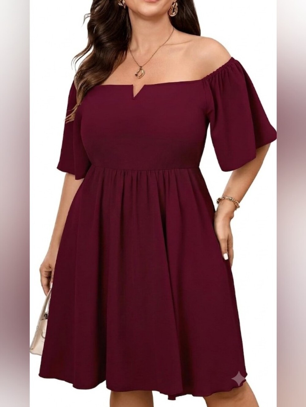 SCOMCHIC Burgundy Flowy Short Sleeve Cocktail Dress Size 2X NWOT No Belt